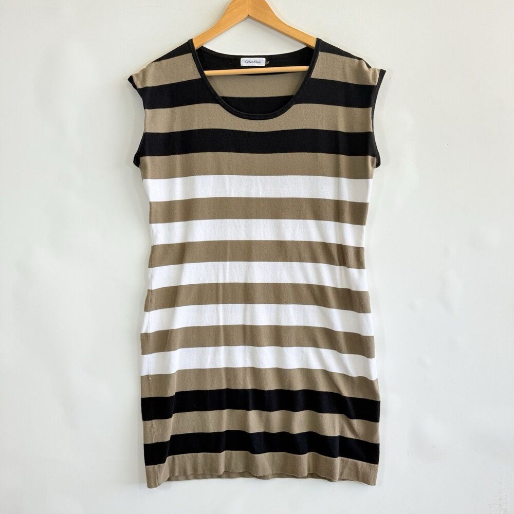 Calvin‎ Klein Dress Women Large Tan Black White Wide Stripe Knit Preppy Nautical